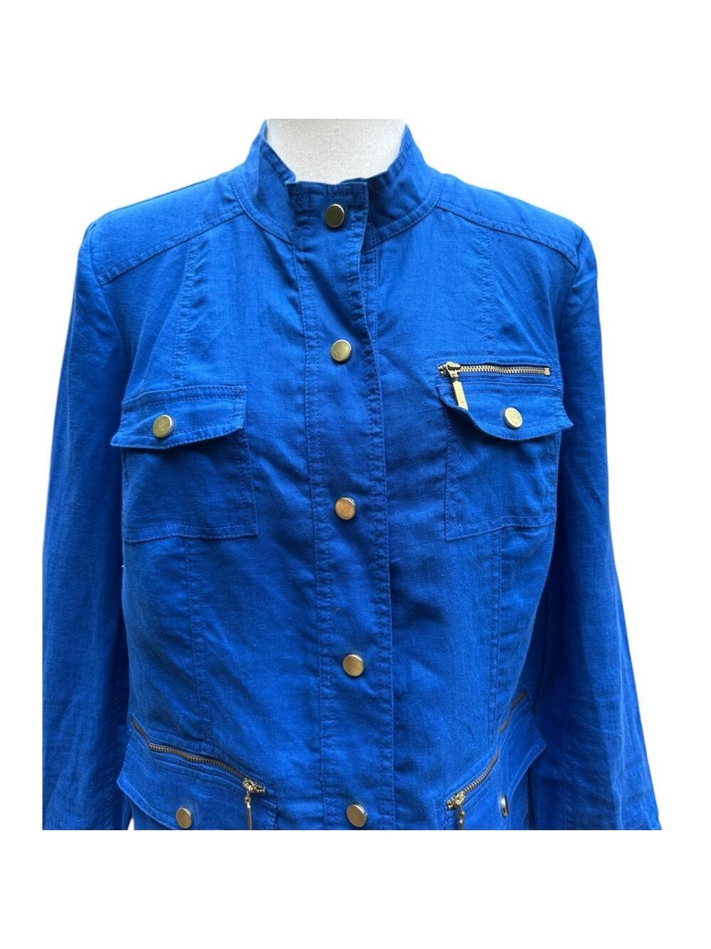 Chico’s 100% Linen Blue Utility Jacket Size 1 (M) Gold Zip Pocket Detail Classic - Picture 5 of 12